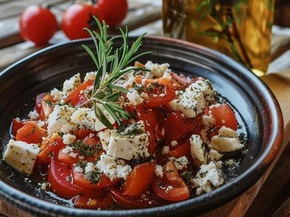Sliced tomatoes with sirene cheese and olive oil